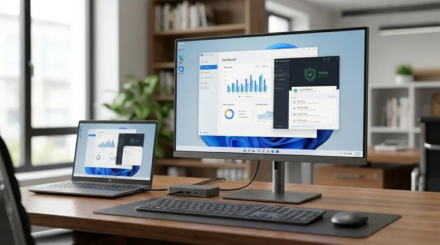 Portátil y monitor con dashboard de seguridad para renting empresarial